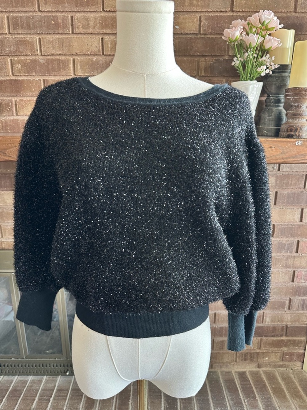 Maeve Anthropologie Black Metallic Shimmer Sparkle Boat Neck Sweater 
S